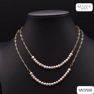 MV2508 - Dây chuyền ngọc trai trắng 4-5mm mix bạc 925 mạ vàng 18k quấn được 2 vòng
