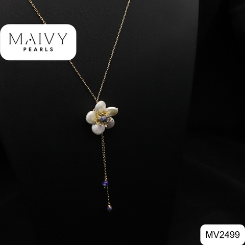 MV2499 - Dây chuyền bạc 925 mạ vàng 18k mặt ngọc trai trắng kết hoa nhụy xanh dương có tua rua