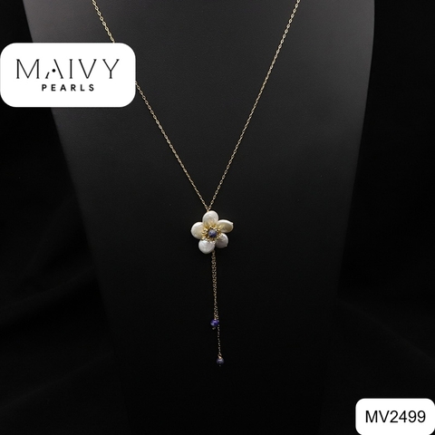 MV2499 - Dây chuyền bạc 925 mạ vàng 18k mặt ngọc trai trắng kết hoa nhụy xanh dương có tua rua