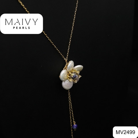 MV2499 - Dây chuyền bạc 925 mạ vàng 18k mặt ngọc trai trắng kết hoa nhụy xanh dương có tua rua