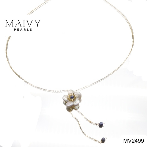 MV2499 - Dây chuyền bạc 925 mạ vàng 18k mặt ngọc trai trắng kết hoa nhụy xanh dương có tua rua