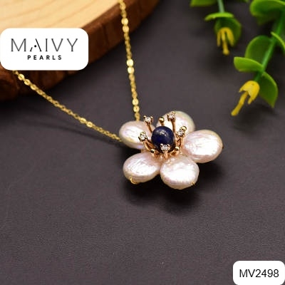 MV2498- Dây chuyền bạc 925 mạ vàng 18k mặt ngọc trai trắng kết hoa nhụy đá xanh dương