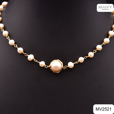 MV2521 - Dây chuyền ngọc trai trắng size 4-5mm nhấn viên to sz 10mm bọc viền dáng chocker