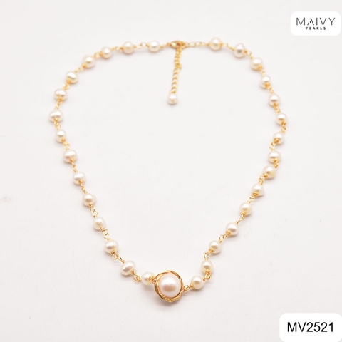 MV2521 - Dây chuyền ngọc trai trắng size 4-5mm nhấn viên to sz 10mm bọc viền dáng chocker