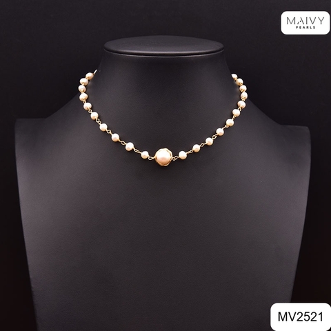 MV2521 - Dây chuyền ngọc trai trắng size 4-5mm nhấn viên to sz 10mm bọc viền dáng chocker