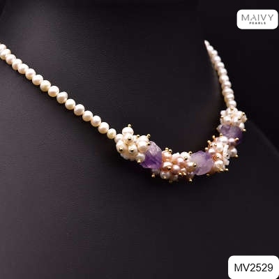 MV2529 - Set ngọc trai trắng mix đá thạch anh tím kết chùm mặt gồm dây chuyền/lắc tay/bông tai
