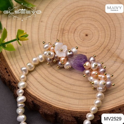 MV2529 - Set ngọc trai trắng mix đá thạch anh tím kết chùm mặt gồm dây chuyền/lắc tay/bông tai