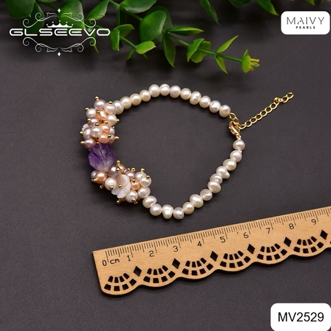 MV2529 - Set ngọc trai trắng mix đá thạch anh tím kết chùm mặt gồm dây chuyền/lắc tay/bông tai