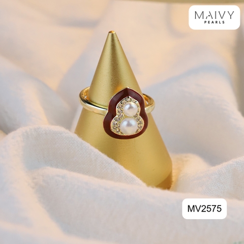 MV2575- Nhẫn mặt lá bồ đề nhấn 2 viên trai trắng sz 5mm