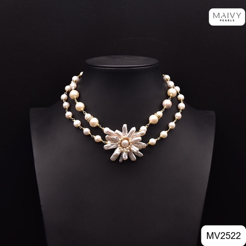 MV2522 - Dây chuyền đôi ngọc trai trắng nhấn mặt ngọc trai baroque hạt dài kết hoa to