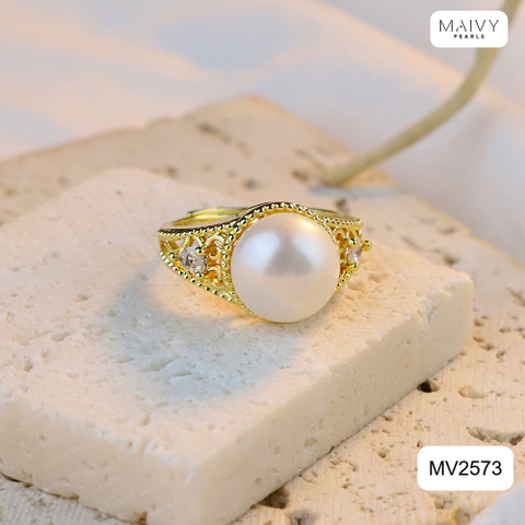 MV2573 - Nhẫn bạc 925 mạ vàng 18k nhấn viên ngọc trai ngọt sz 10mm freesize