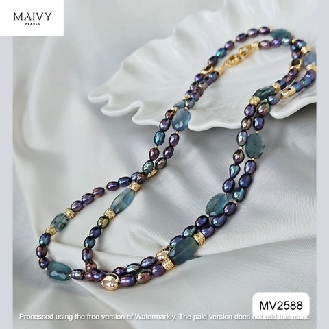 MV2588 - Dây chuyền ngọc trai gạo màu lông công mix đá thạch anh xanh dài 90cm