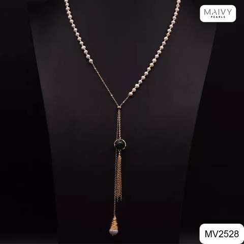 MV2528 - Dây chuyền ngọc trai trắng sz 5-6mm mix bi bạc 925 mạ vàng 18k thả dài nhấn mặt đá xanh