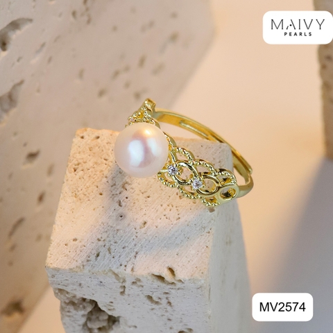 MV2574 - Nhẫn bạc 925 mạ vàng 18k nhấn ngọc trai ngọt màu trắng size 7mm