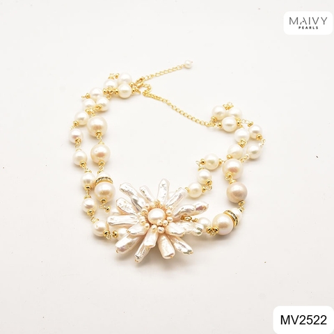 MV2522 - Dây chuyền đôi ngọc trai trắng nhấn mặt ngọc trai baroque hạt dài kết hoa to