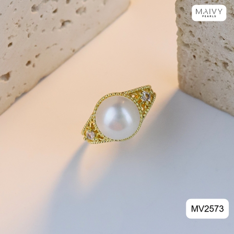 MV2573 - Nhẫn bạc 925 mạ vàng 18k nhấn viên ngọc trai ngọt sz 10mm freesize