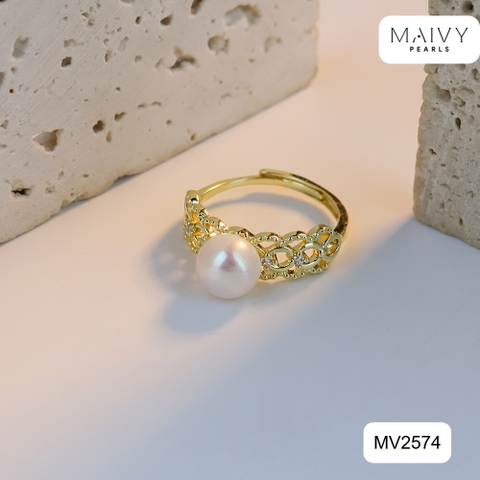 MV2574 - Nhẫn bạc 925 mạ vàng 18k nhấn ngọc trai ngọt màu trắng size 7mm