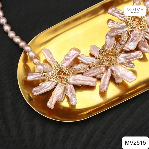 MV2515 - Dây chuyền trai hồng ánh tím nhấn mặt 3 hoa lớn Nàng Thơ