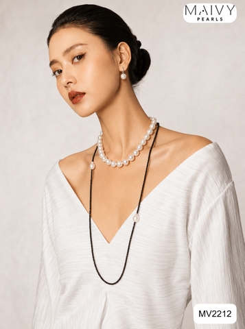 MV2212 -Set Chuỗi Đá Spinel Đen Mix Ngọc Trai Trắng Dáng Dài Và Bông Tai Ngọc Trai