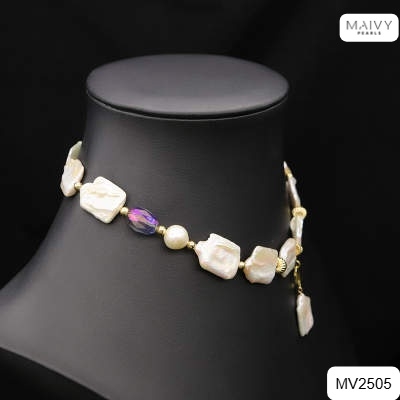 MV2505 - Dây chuyền ngọc trai baroque chữ nhật trắng mix phale có mặt dáng chocker