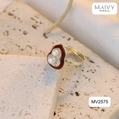 MV2575- Nhẫn mặt lá bồ đề nhấn 2 viên trai trắng sz 5mm