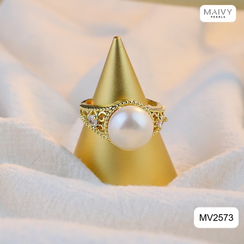 MV2573 - Nhẫn bạc 925 mạ vàng 18k nhấn viên ngọc trai ngọt sz 10mm freesize