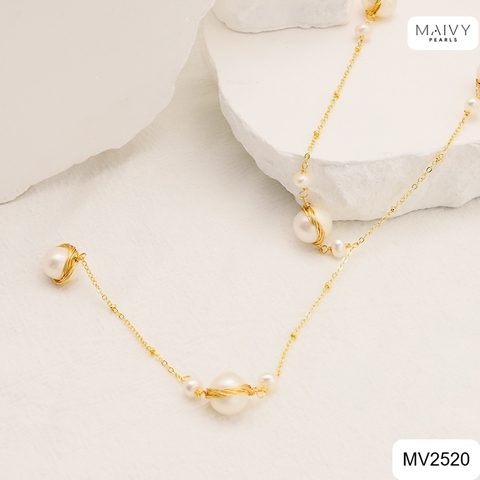 MV2520 - Dây chuyền ngọc trai trắng sz 10-12cm quấn viền cách điệu dáng dài