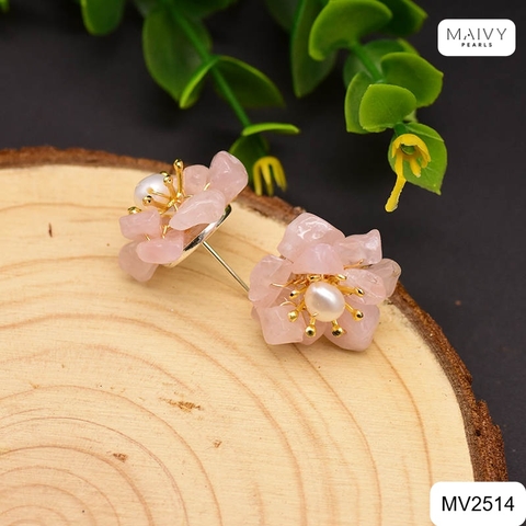 MV2514 - Set dây chuyền, lắc tay, hoa tai đá thạch anh hồng tự nhiên