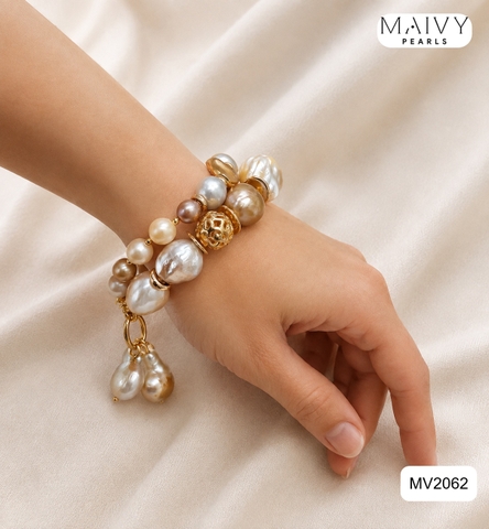 MV2062 - Set Ngọc Trai Baroque Hồng Ánh Tím Gồm Lắc Tay 2 Sợi / Bông Tai