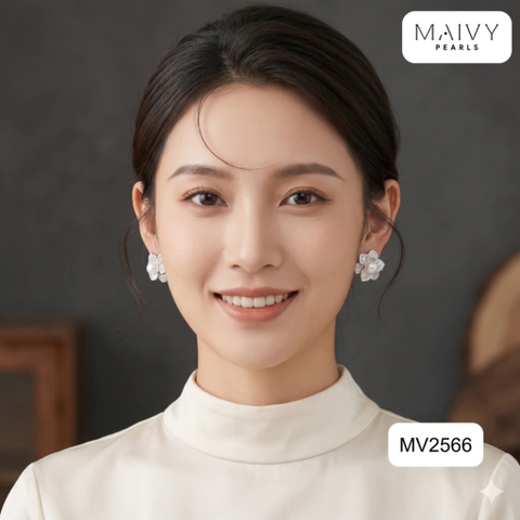 MV2566 - bông tai hoa xám nhạt mix ngọc trai trắng size 5-6mm