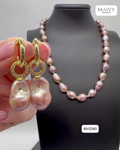 MV2340 - Set ngọc trai baroque hồng ánh tím gồm dây chuyền, bông tai