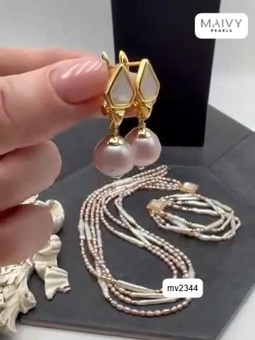 MV2344 -  Set ngọc trai nhiều loại nhiều sợi màu hồng ánh tím gồm dây chuyền/lắc tay/bông tai