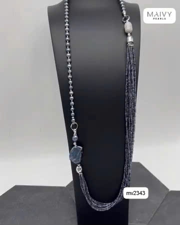MV2343 -  Dây chuyền ngọc trai tròn màu lông công mix đá nhiều sợi dáng dài có thể tháo dời tạo nhiều kiểu