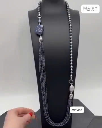 MV2343 -  Dây chuyền ngọc trai tròn màu lông công mix đá nhiều sợi dáng dài có thể tháo dời tạo nhiều kiểu