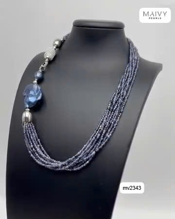 MV2343 -  Dây chuyền ngọc trai tròn màu lông công mix đá nhiều sợi dáng dài có thể tháo dời tạo nhiều kiểu
