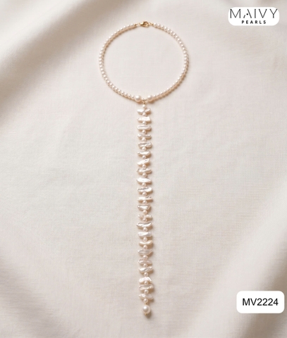 MV2224 - Dây Chuyền Ngọc Trai Tròn Keshi Hạt Dài Trắng Dáng Dài