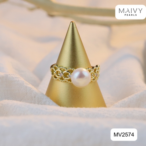 MV2574 - Nhẫn bạc 925 mạ vàng 18k nhấn ngọc trai ngọt màu trắng size 7mm