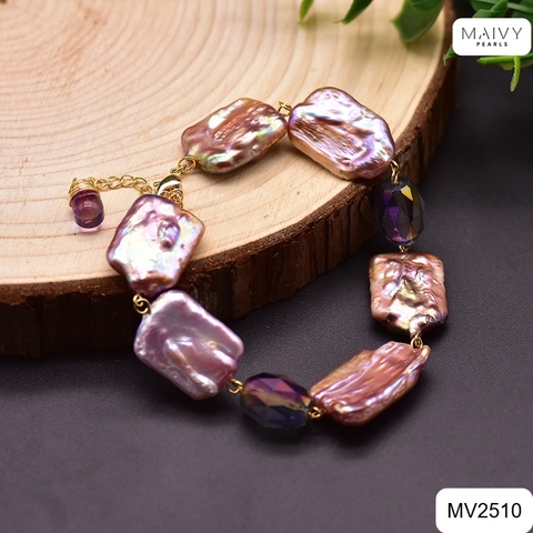 MV2510 - Lắc tay ngọc trai baroque hình chữ nhật màu hồng ánh tím