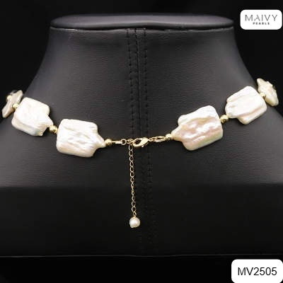 MV2505 - Dây chuyền ngọc trai baroque chữ nhật trắng mix phale có mặt dáng chocker