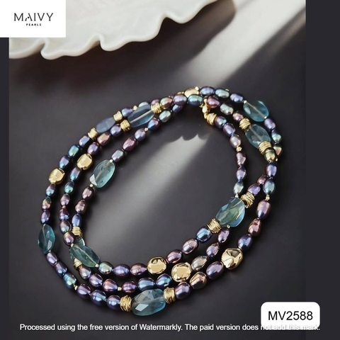 MV2588 - Dây chuyền ngọc trai gạo màu lông công mix đá thạch anh xanh dài 90cm
