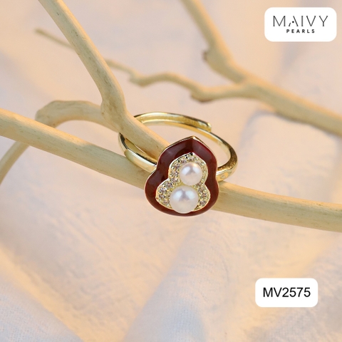 MV2575- Nhẫn mặt lá bồ đề nhấn 2 viên trai trắng sz 5mm