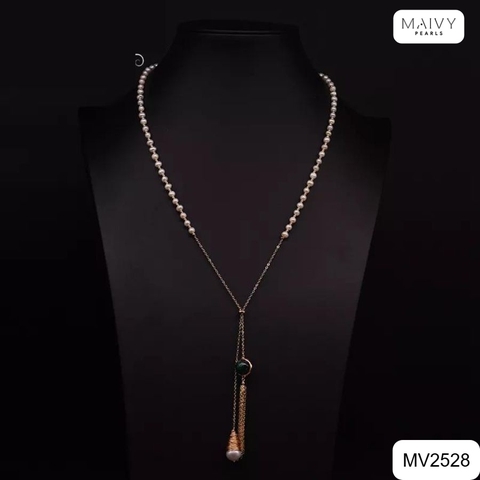 MV2528 - Dây chuyền ngọc trai trắng sz 5-6mm mix bi bạc 925 mạ vàng 18k thả dài nhấn mặt đá xanh
