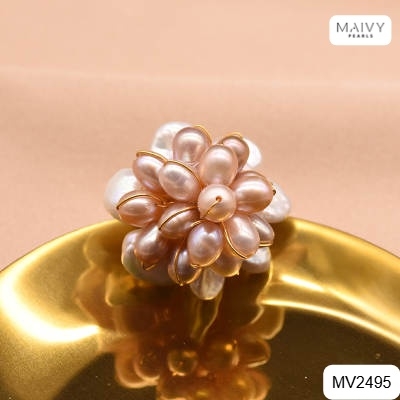 MV2495 - Nhẫn ngọc trai keshi mix trai gạo hồng ánh tím kết chùm hoa