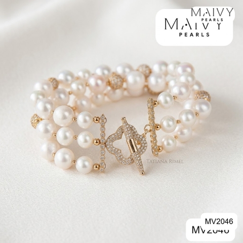 MV2046 - Lắc tay 3 sợi trai trắng mix charm.