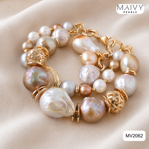 MV2062 - Set Ngọc Trai Baroque Hồng Ánh Tím Gồm Lắc Tay 2 Sợi / Bông Tai