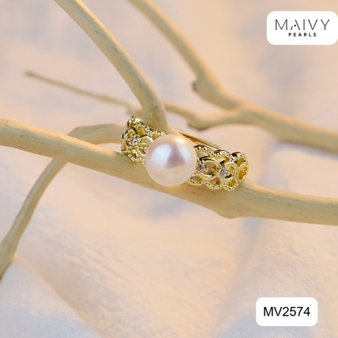 MV2574 - Nhẫn bạc 925 mạ vàng 18k nhấn ngọc trai ngọt màu trắng size 7mm