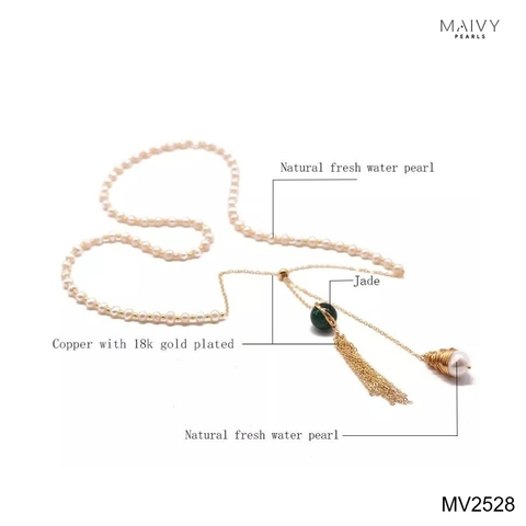 MV2528 - Dây chuyền ngọc trai trắng sz 5-6mm mix bi bạc 925 mạ vàng 18k thả dài nhấn mặt đá xanh
