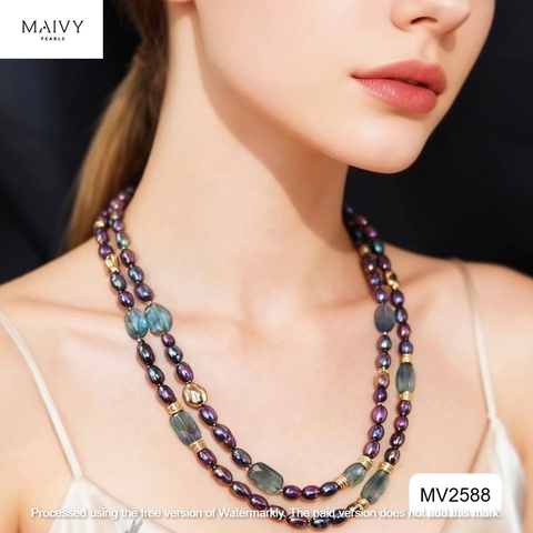 MV2588 - Dây chuyền ngọc trai gạo màu lông công mix đá thạch anh xanh dài 90cm