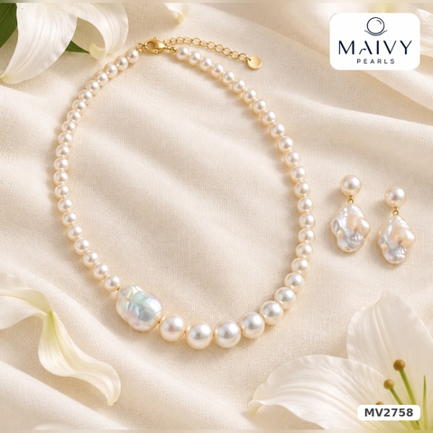 Set dây chuyền và hoa tai ngọc trai trắng nhấn baroque MV2758