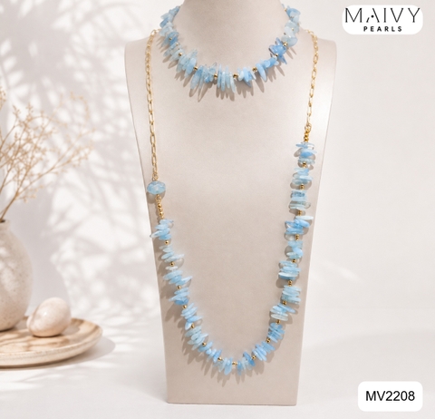 MV2208 - Set Hải Lam Ngọc Gồm 2 Dây Chuyền Dài/ Ngắn Và Bông Tai